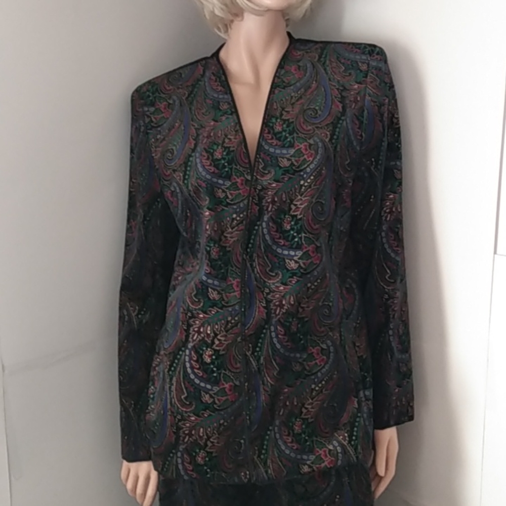 Vtg Textured Velvet Tapestry Paisley 80s Suit Skirt Blazer Mobwife Maximalist